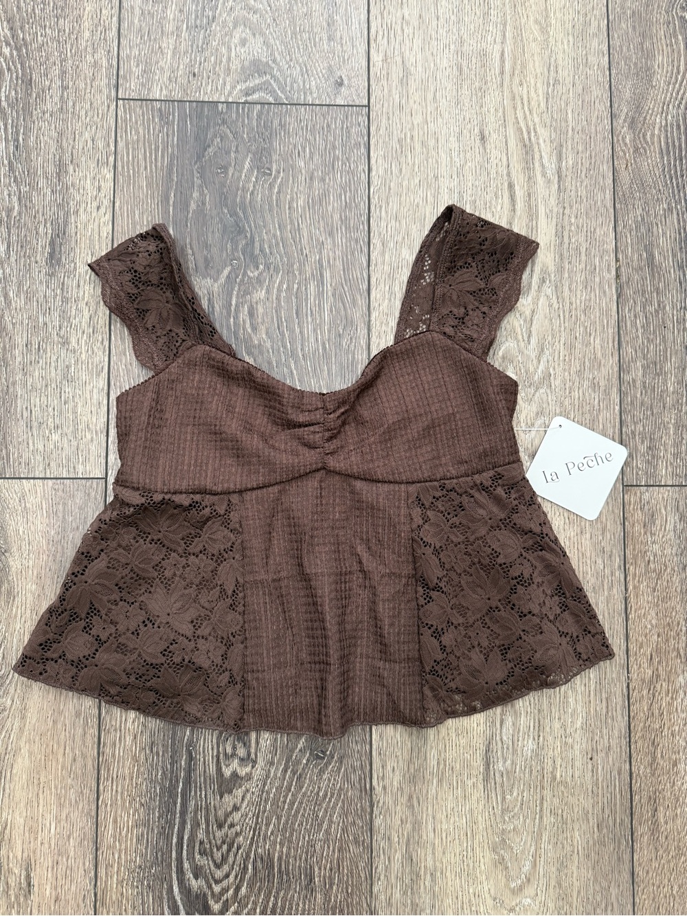 NWT La Pêche Brown Lace Babydoll Peplum Tank Top Size Small